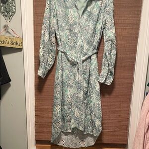 Lena Paisley Long Sleeve Dress in Mint and White